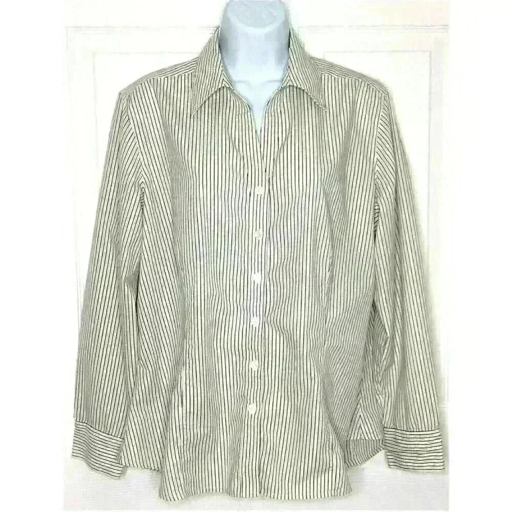 Chicos 2 top shirt button front long sleeve v neck white black gold stripe